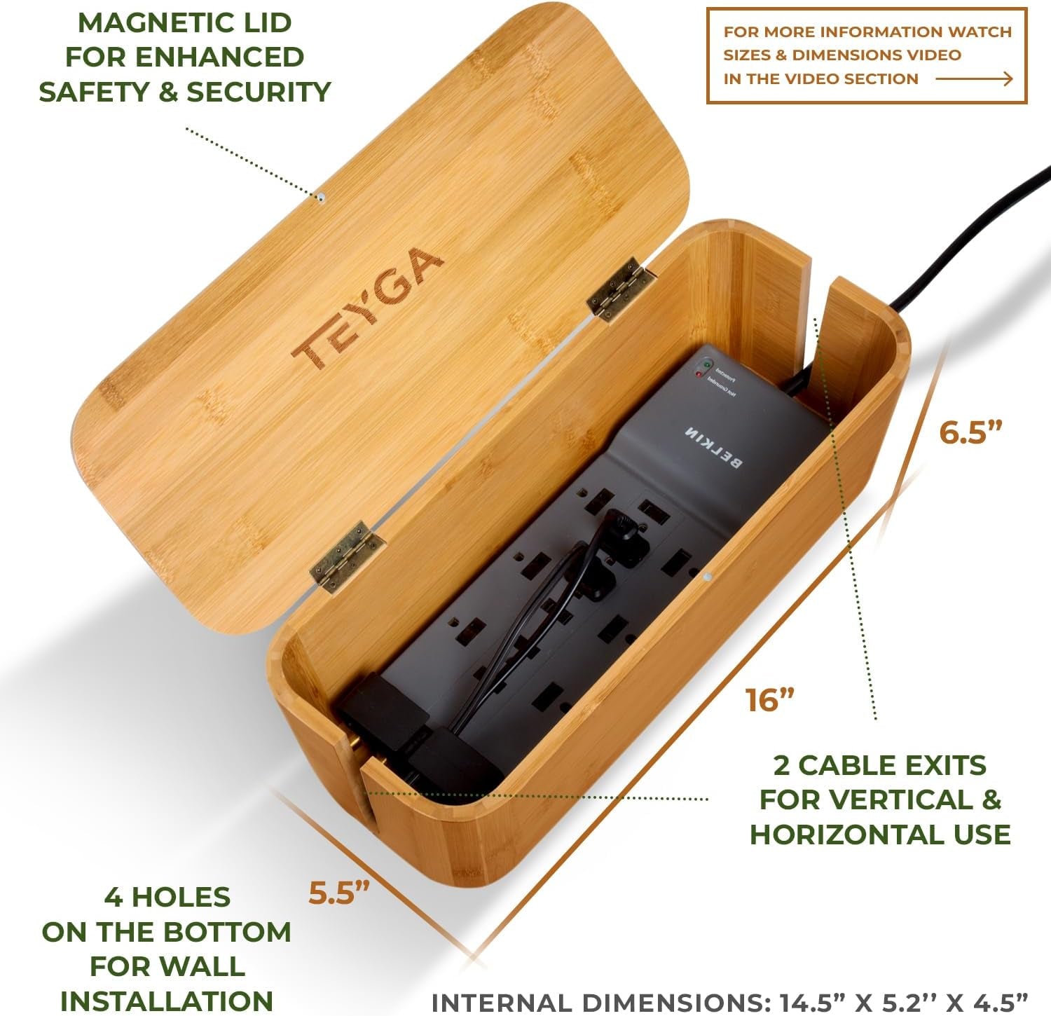 Bambox Premium by  - Indestructible Bamboo Cable Management Box - Stylish Cord Organizer Box and Cable Organizer Box, Wire Box That Hides Power Strip - Cord Box Hider and Surge Protector Cover